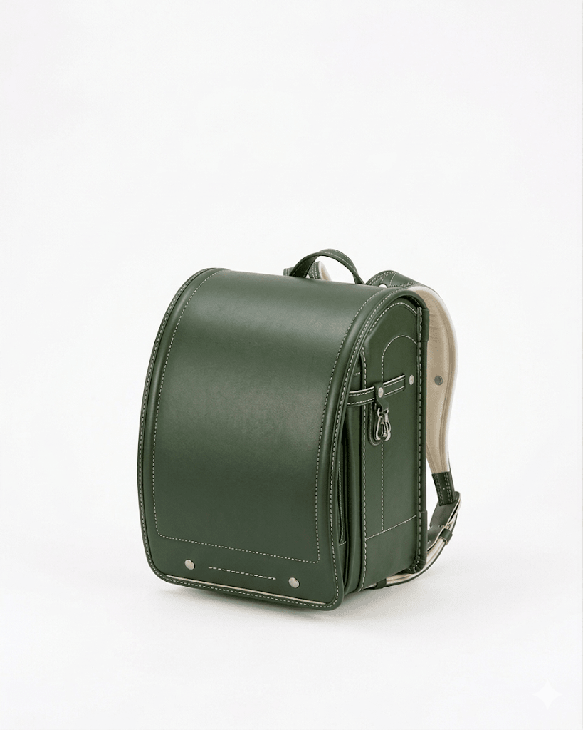 Green leather backpack on a white background