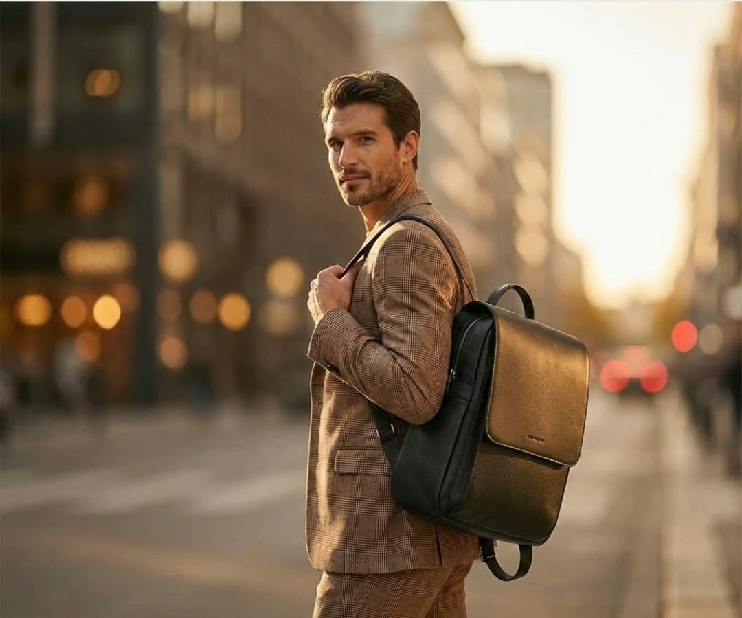 A gentleman in a tailored suit carrying the Nagoya Executive randoseru along a golden-hour city street