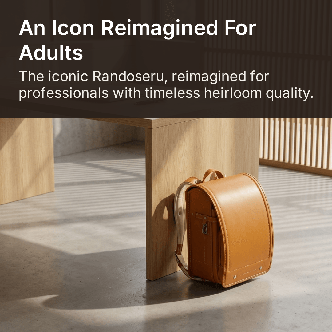 Tan leather Randoseru leaning against a wooden desk in morning light — An icon reimagined for adults: the iconic Randoseru, reimagined for professionals with timeless heirloom quality.