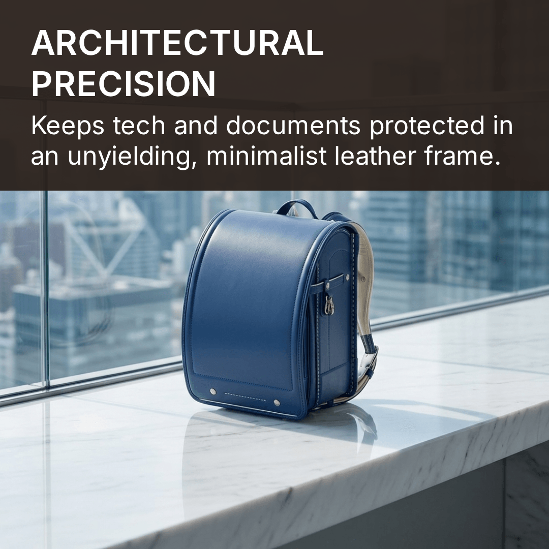 Navy leather Randoseru on a marble ledge above a city skyline — Architectural precision keeps tech and documents protected in an unyielding, minimalist leather frame.