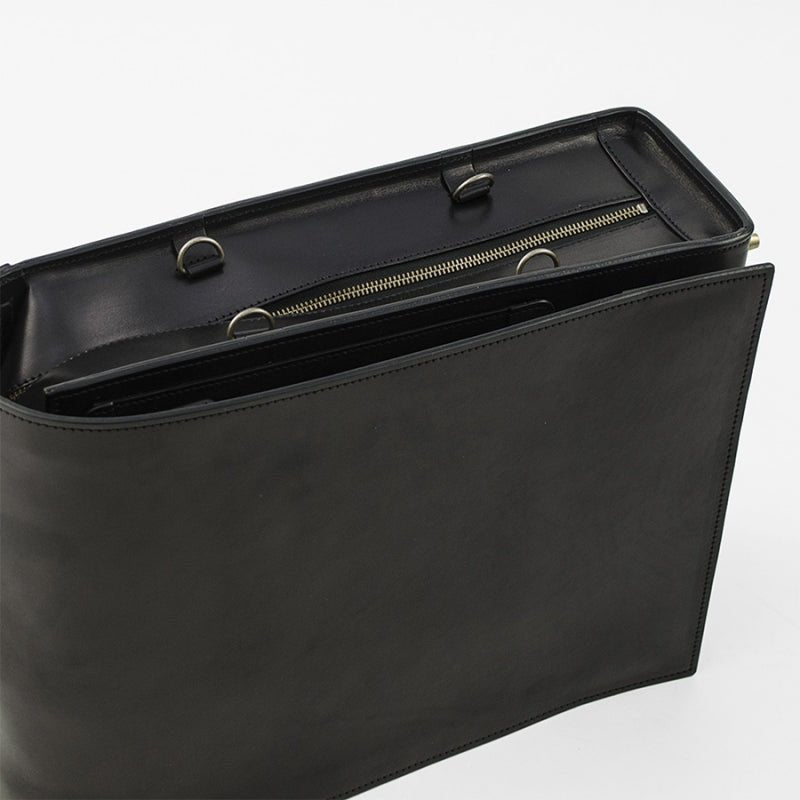 Black leather briefcase with a zipper on a white background