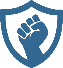Blue fist symbol inside a shield on a black background