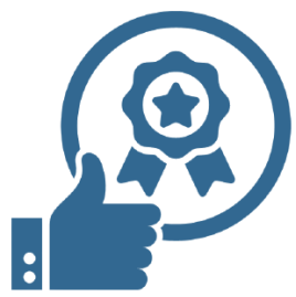 Blue icon of a hand giving a thumbs up with a star emblem above it on a black background