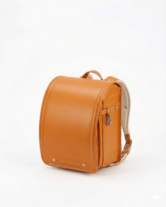 Tan leather backpack on a white background